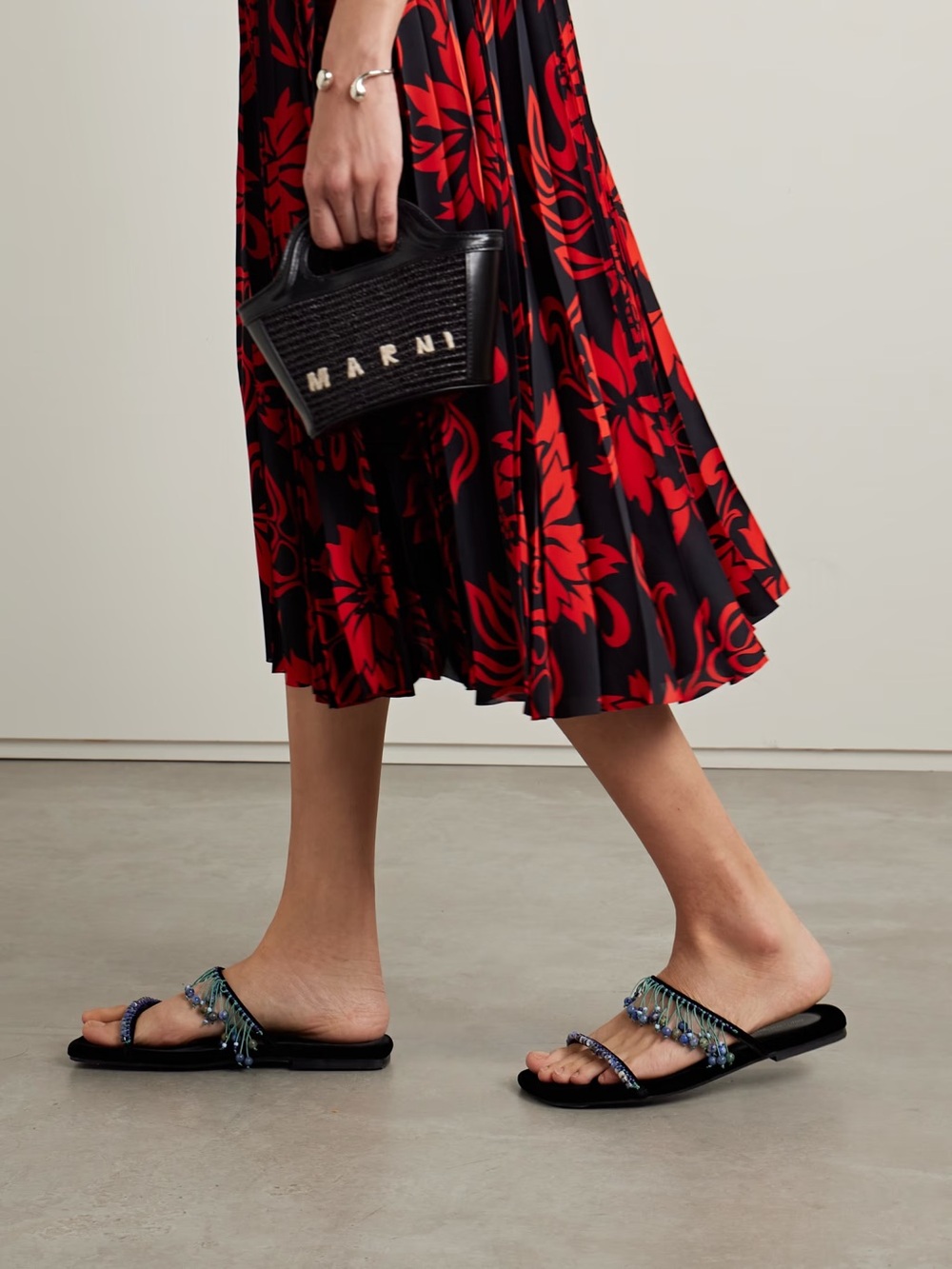 Dries Van Noten beaded black flat sandals with blue accents